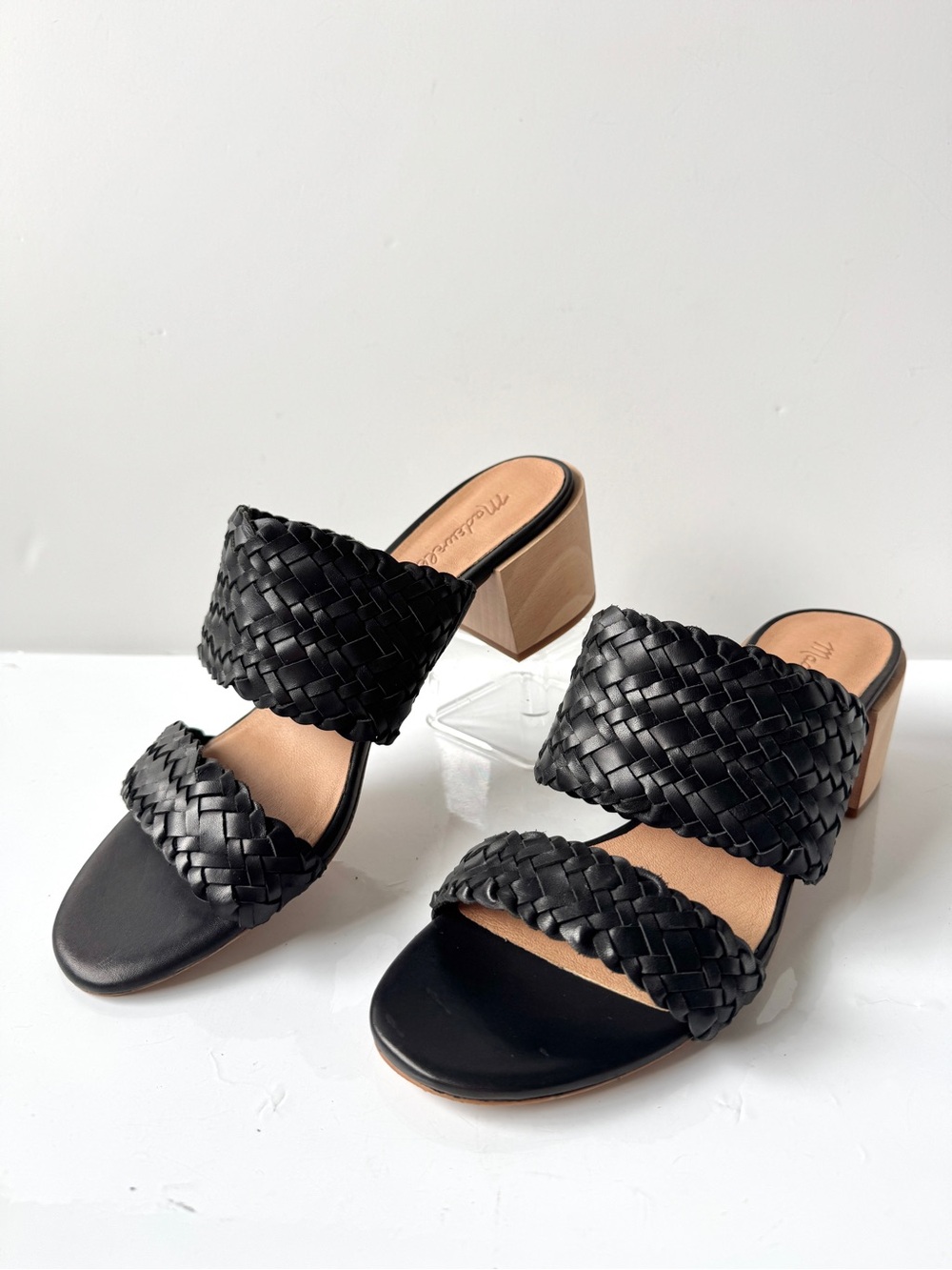 Madewell Kiera Black Leather Woven Double-Strap Block Heel Sandal Size 10